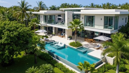 Fototapeta premium Modern white mansion with large swimming pool and garden.