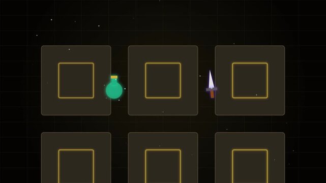 Magical potion and fantasy sword icon animation in a grid game interface