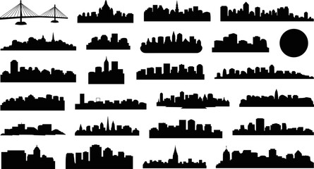 Obraz premium City Skyline Silhouette Icon Set with 26 Urban Cityscape Buildings, Bridge, and Skyscrapers for Travel and Downtown Vector Designs