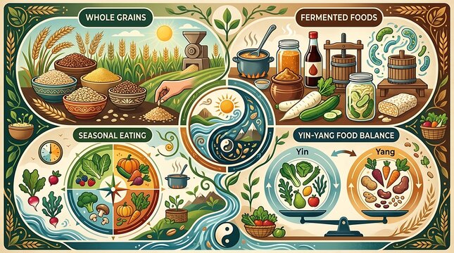 Macrobiotic diet infographic showing balanced healthy food principles