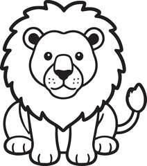 Fototapeta premium A cute cartoon lion with a big mane and friendly expression, sitting down, in a simple line art style.