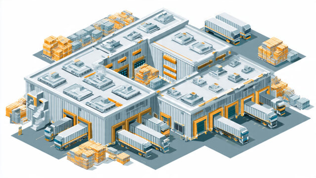 isometric view of a modern warehouse facility with multiple loading docks and storage areas in neutral and orange colors