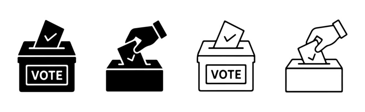 Voting and Ballot Box Icons Set in Linear and Silhouette Stylez,Election, Ballot Casting and Democracy Symbols