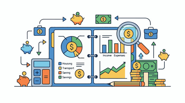 Financial planning illustration showing charts piggy banks and money