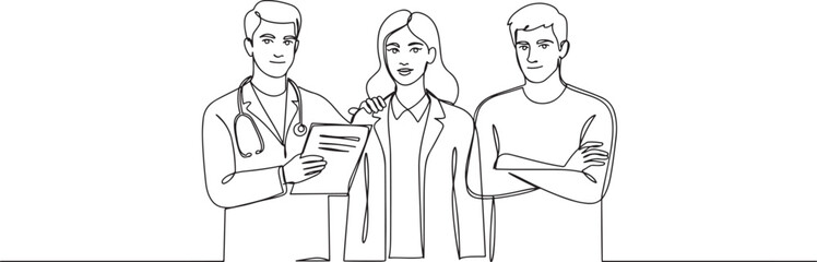 Fototapeta premium One continuous single line drawing group of young male and female doctors pose standing together while holding medical report. Teamwork medical concept. Single line draw design vector illustration