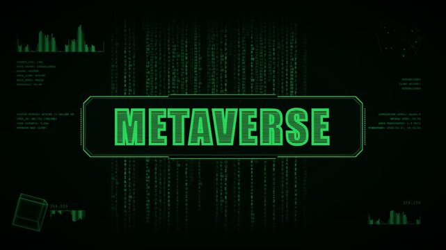 Futuristic Metaverse Text Display with Digital Matrix Code Background.