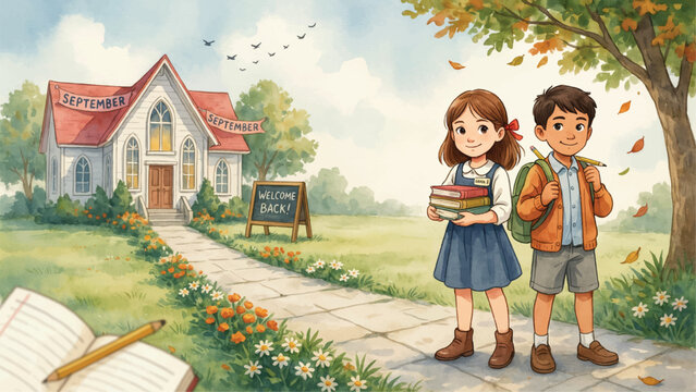 Two happy schoolchildren standing on a path to a small white church school building with a welcome back sign in a garden on a sunny day