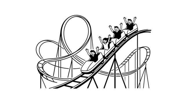 Line art illustration of people riding a roller coaster