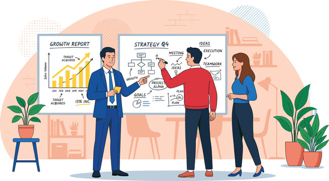 Business team presenting corporate strategy on whiteboard analyzing growth report chart planning quarterly goals and brainstorming marketing ideas