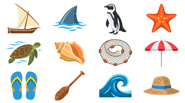 Collection of Aquatic and Beach Themed Icons Featuring Marine Life, Water Sports, and Summer Accessories
