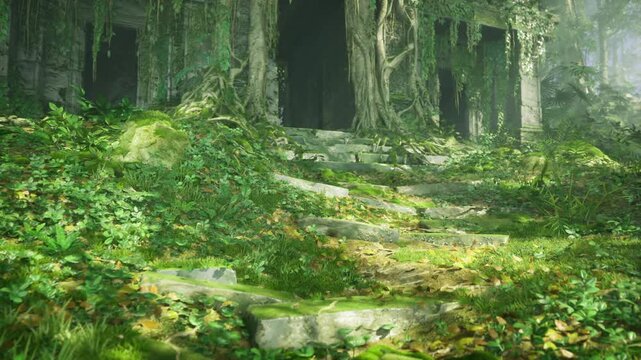 fairytale threshold under giant roots and hanging vines, mossy stone steps leading into shadowed sanctuary, whimsical yet ancient atmosphere ideal for fantasy,