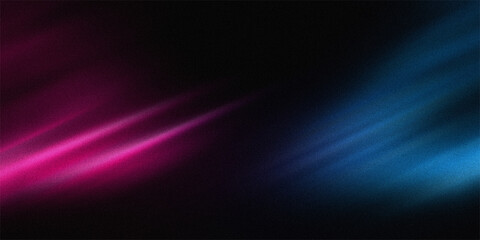 Dual colored dark abstract background featuring pink and blue neon light trails blending into black with heavy grain texture. © mst