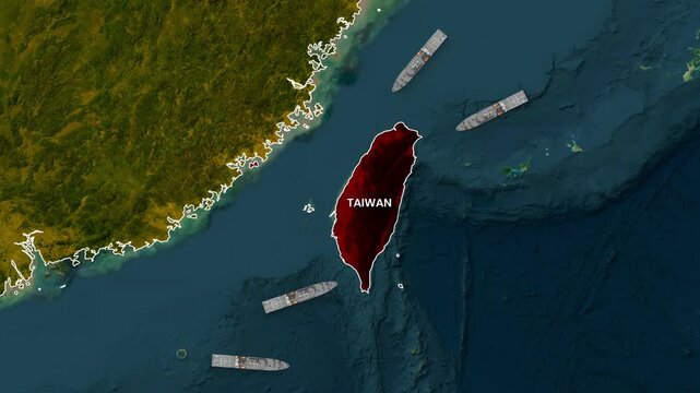 animated global conflict video footage showing naval ships surrounding Taiwan