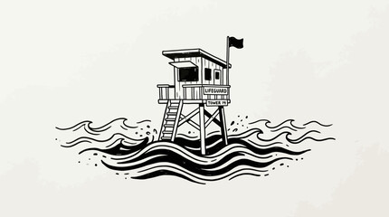 Obraz premium Minimalist lifeguard station on calm sea water.