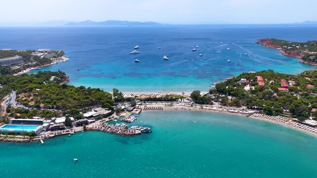Aerial view of the popular Astir Beach at Vouliagmeni, south coast of the Athens Riviera, Greece