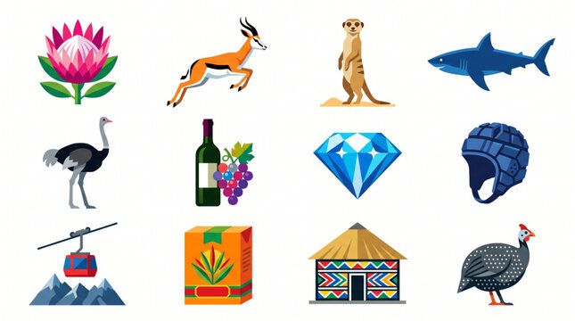 South African culture and wildlife icons with springbok, meerkat, protea flower, diamond, wine, and traditional Ndebele house
