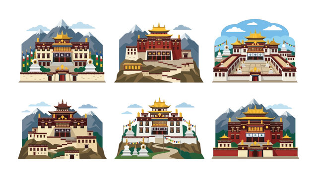 Tibetan Monasteries Collection: Mountain Temples, Prayer Flags, Stupas, and Landscape Views