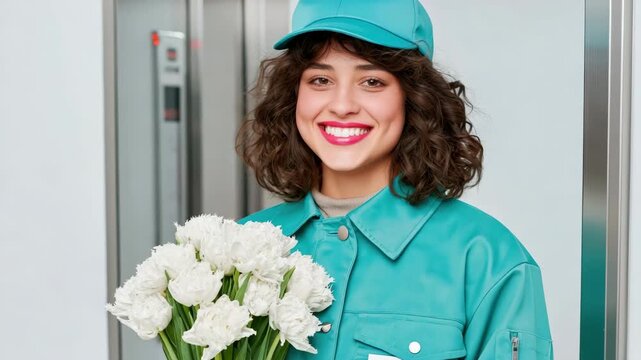 Static shot of delivery worker holding and presenting bouquet while smiling inside elevator with teal uniform cap and metal doors