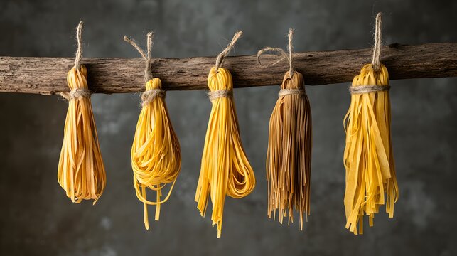Five bunches of dried pasta hanging from a wooden beam.