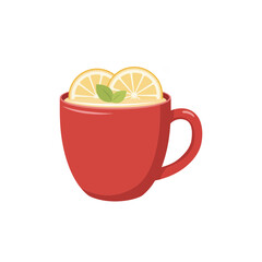 Red mug filled with a warm beverage topped with fresh lemon slices and green mint leaves, isolated for cozy drink concepts © BlackVault Designs