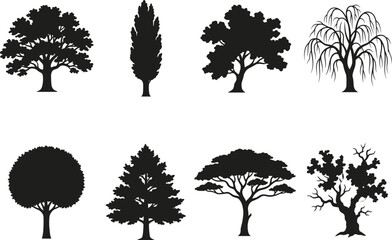 Fototapeta premium Tree Silhouette Vector Collection with Diverse Forest Trees Isolated on White Background