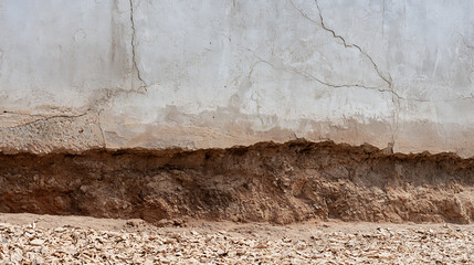 Fototapeta premium Weathered wall with exposed soil and rubble. A concrete building exterior illustrates decay and erosion, showcasing damaged texture and crack patterns