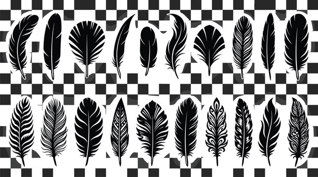 Collection of detailed black bird feathers silhouette stencils showing unique textures and bohemian plumes for decorative art elements