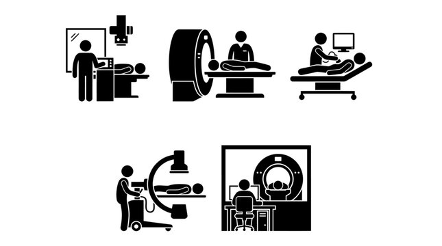 Medical imaging procedures vector illustration showing x‑ray, ct, ultrasound, fluoroscopy, and mri pictogram set with technician silhouettes for diagnostic healthcare concepts