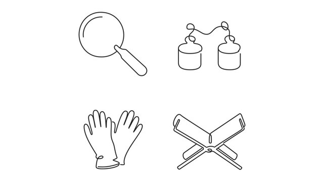 Minimalist travel exploration vector illustration with magnifying glass, tin can telephone, hand gestures and clean outline discovery icons for tourism activities, maps and adventure learning