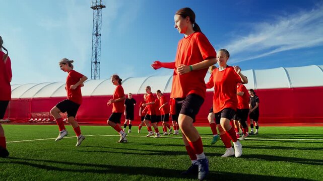 Intense womens soccer training session with team performing coordinated warmup drills and dynamic footwork exercises on vibrant outdoor artificial turf field