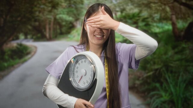 Young chinese dietician holding a weighing scale and yellow tape, hand covering eyes while smiling on a forest path; shy wellness.
