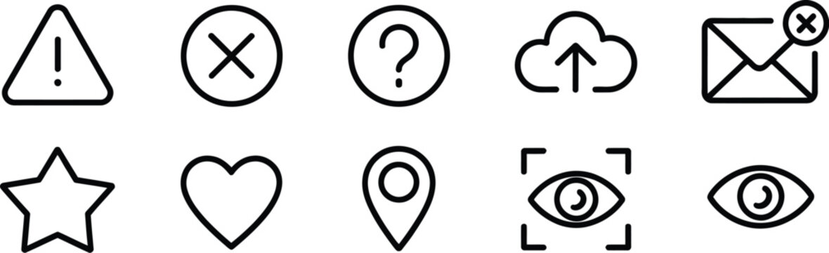 Black line UI icon set warning cross question cloud mail heart star location eye view symbols on white background