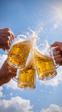 Cheers with beer toast, foam splashing against sunny blue sky outdoors. Vertical story layout	