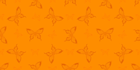 Fototapeta premium Seamless orange butterfly pattern with tonal silhouette motifs, perfect for fabric printing, wallpaper, gift wrapping, kids fashion and boho textile design