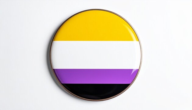 Circular nonbinary pride flag with yellow, white, purple, black stripes, symbolizing gender diversity, inclusion, and recognition beyond binary identities.
