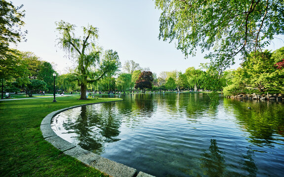 The central lagoon of the Boston Public Garden, a historic park in downtown Boston, Massachusetts, New England