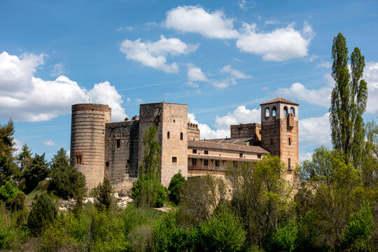 Exterior panoramic view of the medieval and Mudejar style Castle of Castilnovo with its defensive towers and stone walls surrounded by trees in Castilnovo, Segovia, Castile and Le&oacute;n, Spain
