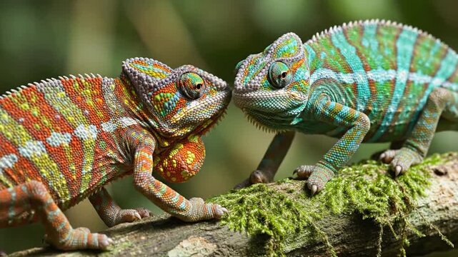 Two colorful lizards face each other on a mossy tree branch