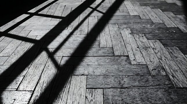 Dramatic window shadow on herringbone parquet wood floor