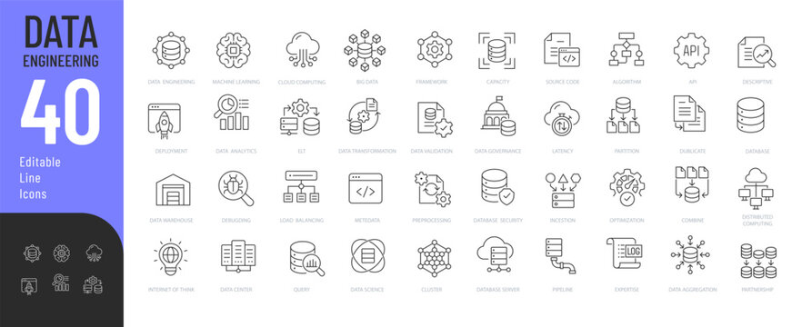 Data Engineering Line Editable and Solid Icons set. Vector illustration in a modern thin line style of technology related icons: database, pipeline, cloud computing, and more. Isolated on transparent 