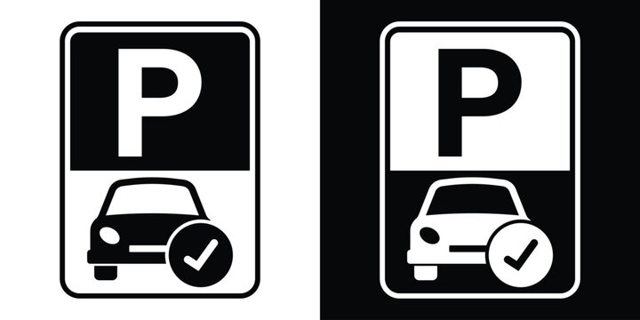 Approved car parking space sign vector icon with a checkmark symbol. Clean black and white graphics for reserved or valid parking.