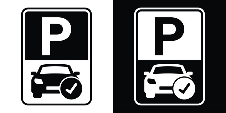 Approved car parking space sign vector icon with a checkmark symbol. Clean black and white graphics for reserved or valid parking.