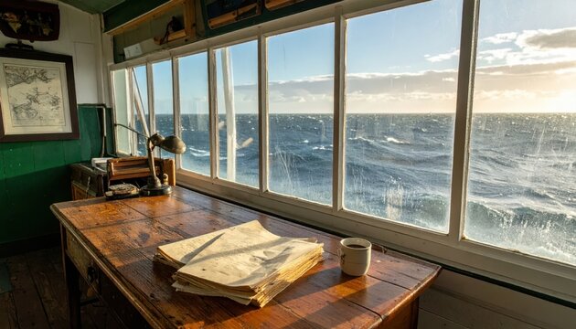 Nautical Office View Desk with Papers and Coffee by the Sea