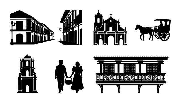 Philippine Heritage Icons: Colonial Buildings, Kalesa, Bell Tower, Couple