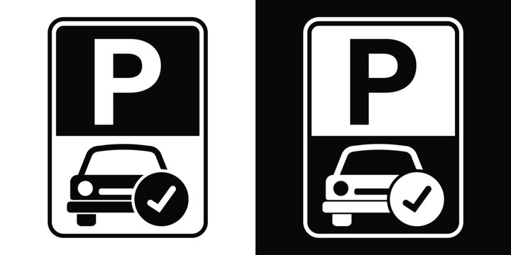 Approved car parking space sign vector icon with a checkmark symbol. Clean black and white graphics for reserved or valid parking.