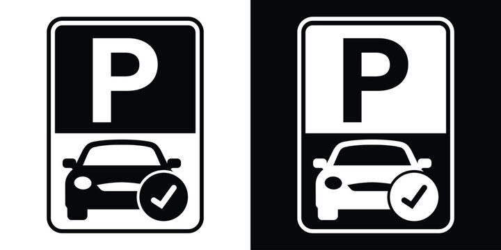 Approved car parking space sign vector icon with a checkmark symbol. Clean black and white graphics for reserved or valid parking.