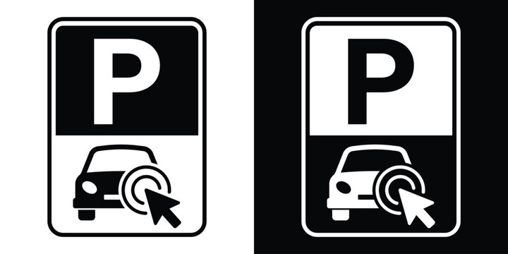 Digital car parking booking sign vector icon featuring a mouse cursor arrow click. Black and white minimalist layout for smart city mobile apps.