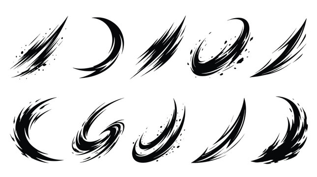 Sharp black ink swipe and curved slash effect set