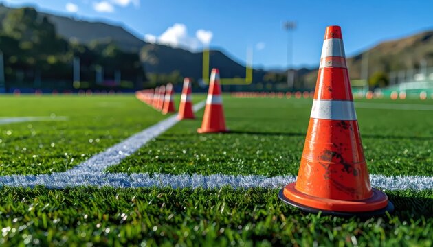Football Field Cones Line Up for Practice Drill