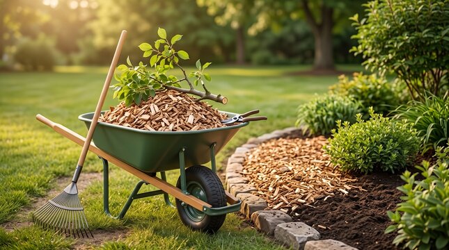Wheelbarrow Wood Chips Garden Mulch standing on lawn with rake ready for spreading in backyard suitable for domestic landscaping tutorials and spring gardening chores